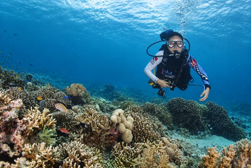 Smiling diver hovering over the reef on a try scuba diving dive at Menjangan Island
