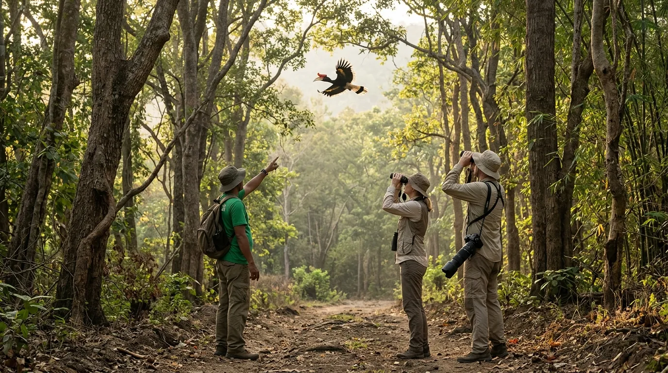 Birdwatchers with a guide on a forest trail in West Bali National Park
