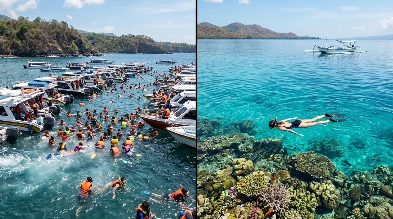 Crowded Bali snorkeling spot compared with the calm, clear water of Menjangan Island