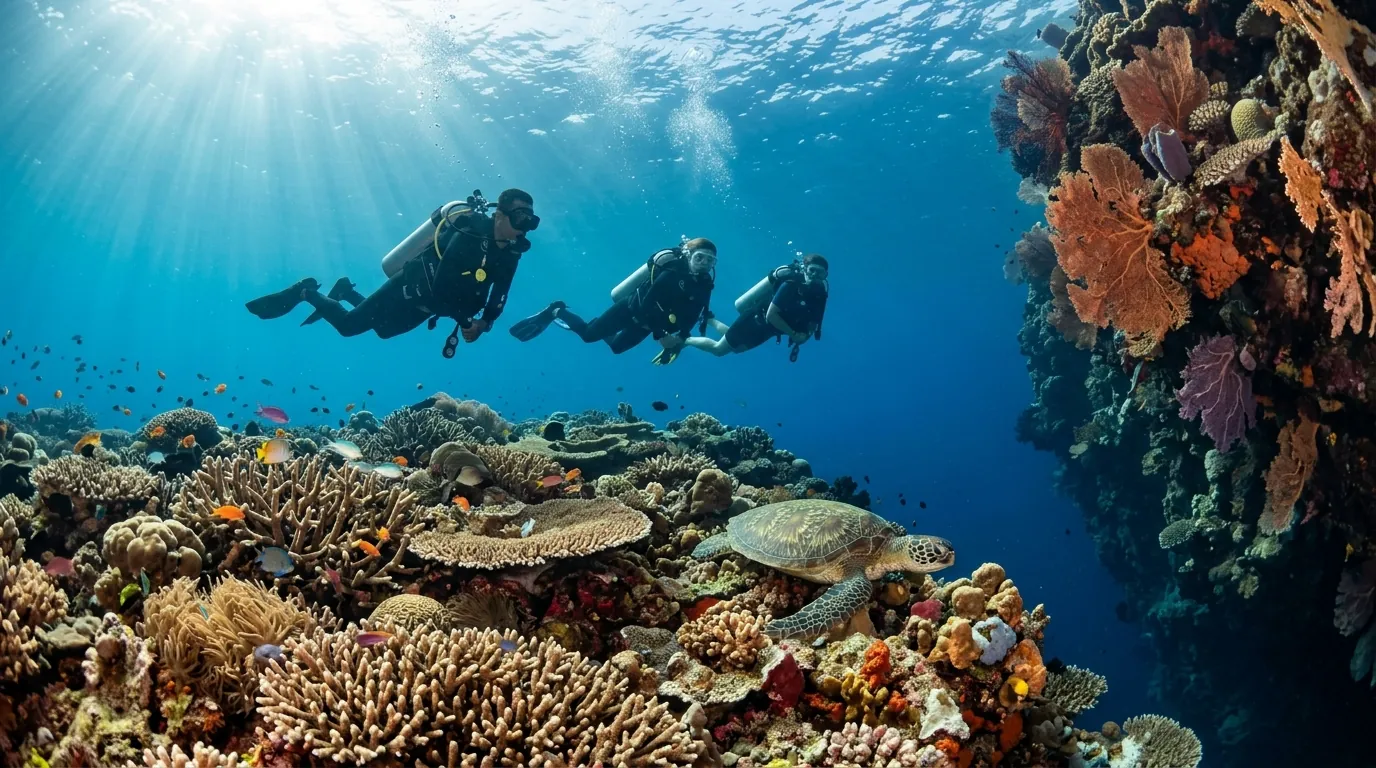 Divers on a calm reef top above the coral wall at Menjangan Island