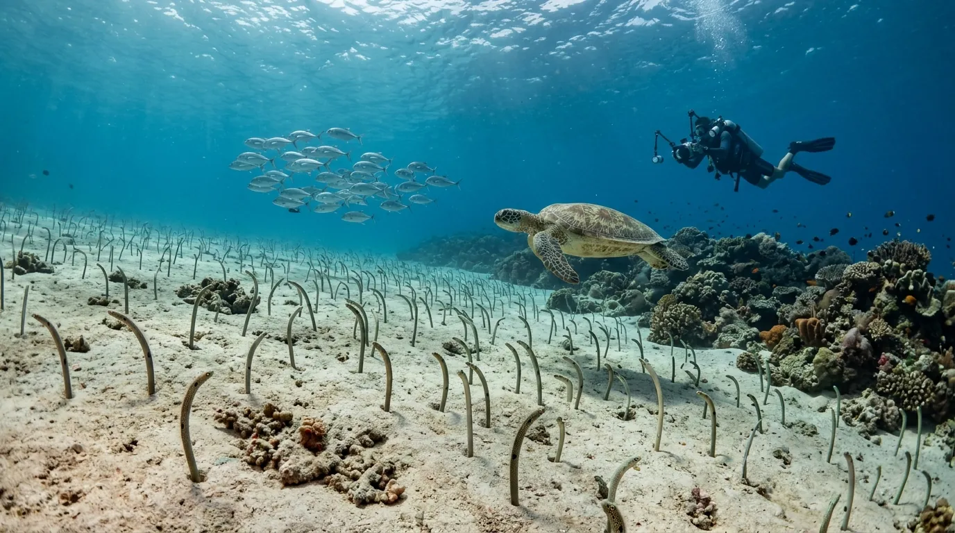 Garden eels and a green sea turtle at Eel Garden, Menjangan Island