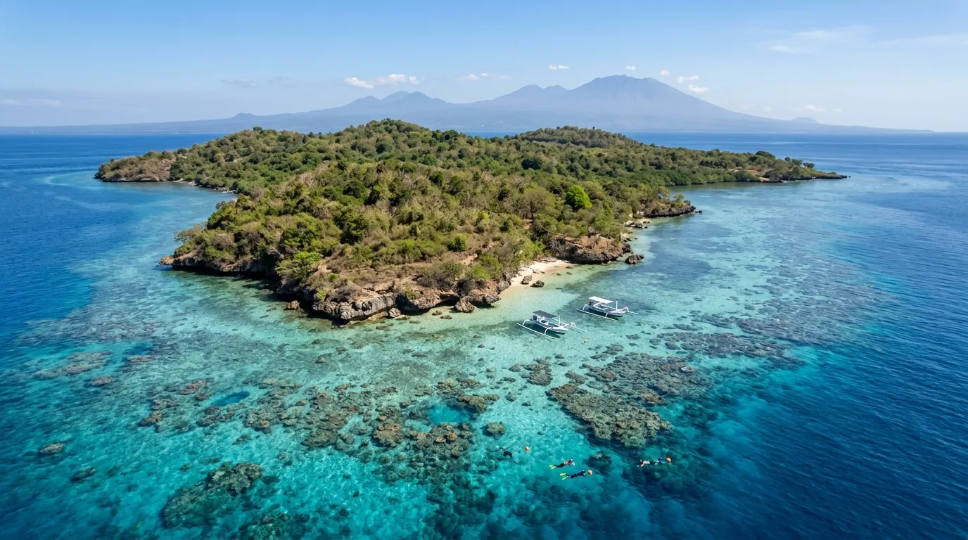 Aerial view of the clear water and reef around Menjangan Island in West Bali