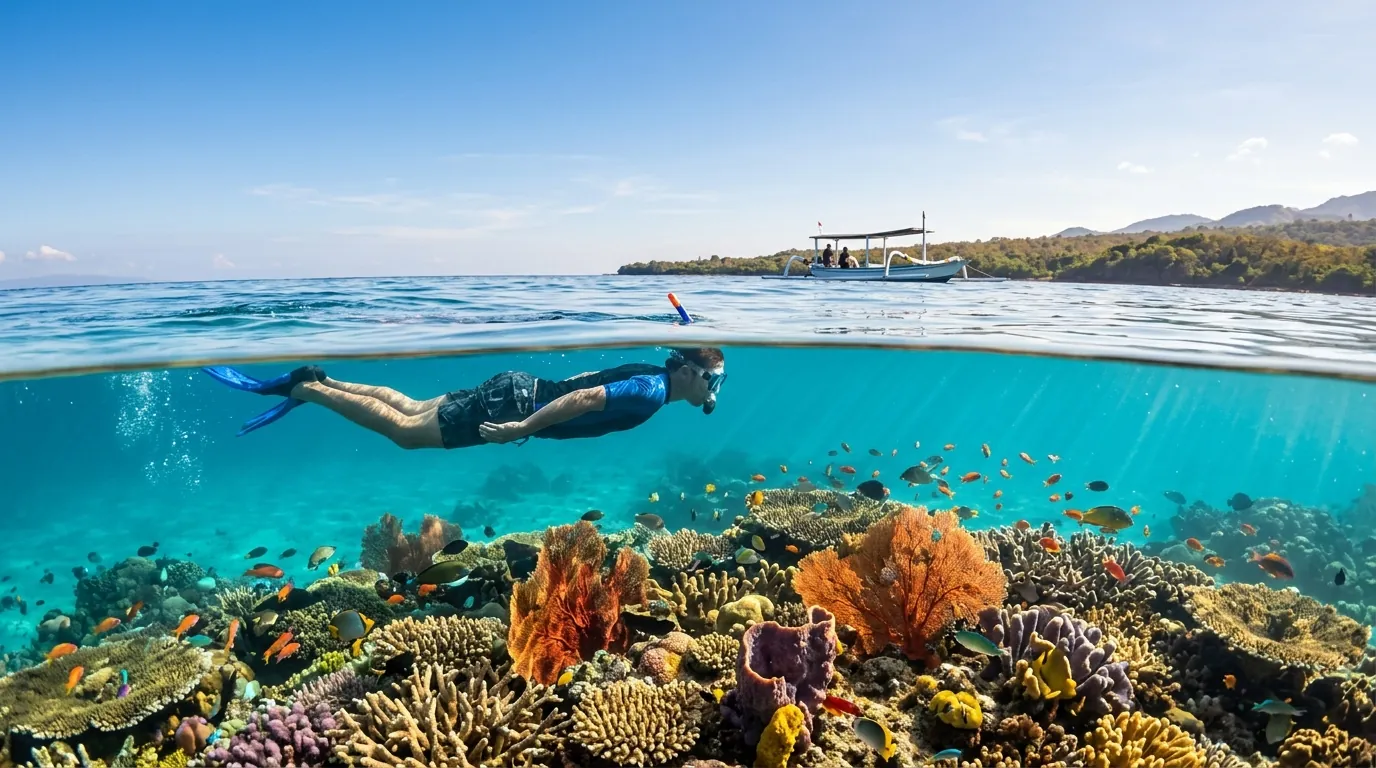 Snorkeler over a shallow coral reef on a Menjangan Island tour from Pemuteran