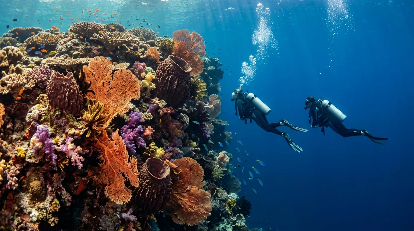 Scuba divers along the coral wall at one of the Menjangan Island dive sites