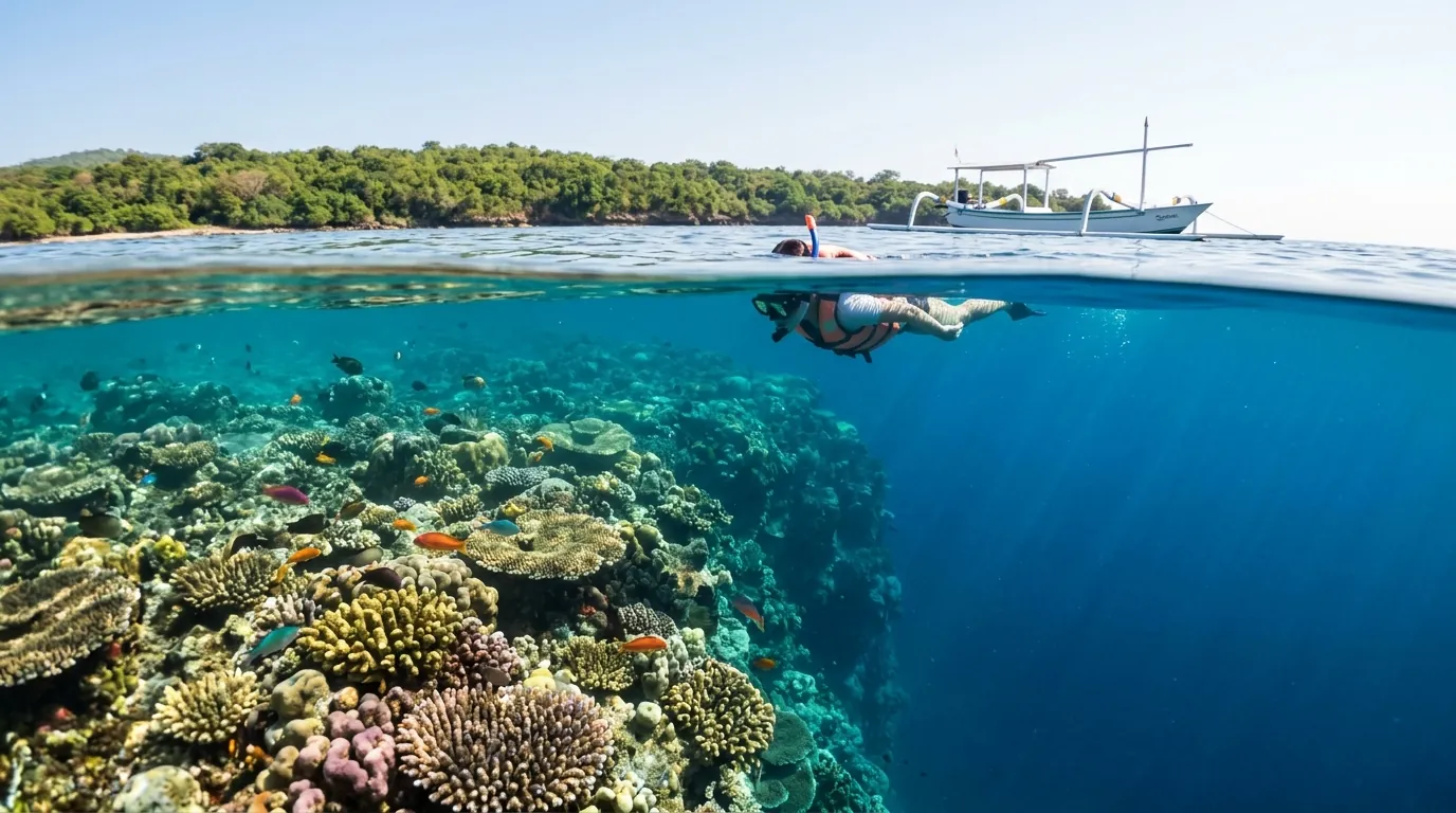 Snorkeler above the shallow reef and wall drop-off on a Menjangan snorkeling trip