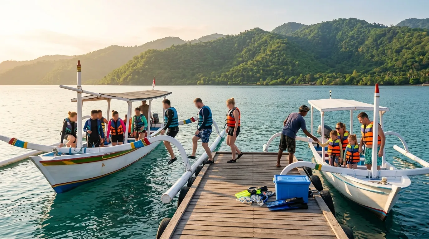 Shared and private boats departing Pemuteran harbour for a Menjangan snorkeling tour