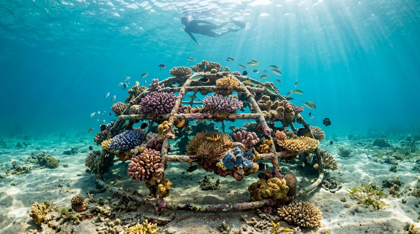 Coral growing on a Biorock reef restoration frame in Pemuteran
