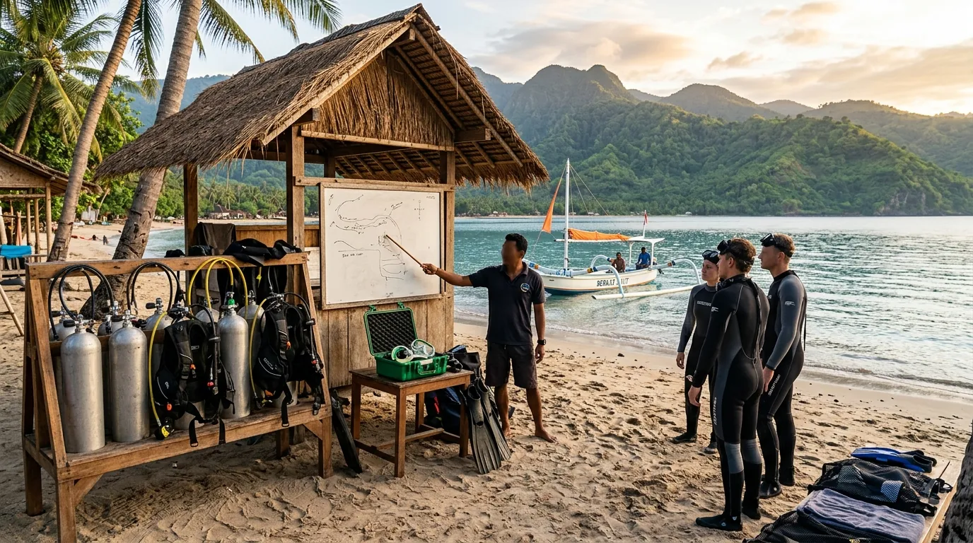 Dive briefing at a Pemuteran dive center before a morning dive