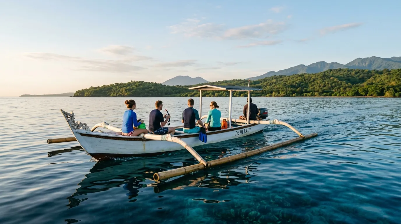 Traditional jukung boat crossing from Pemuteran to Menjangan Island