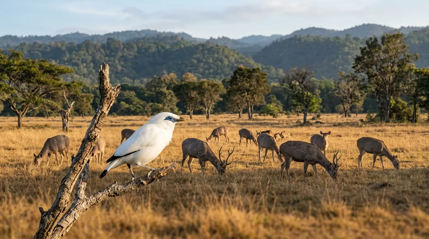 Deer and a Bali Starling on the savanna of West Bali National Park